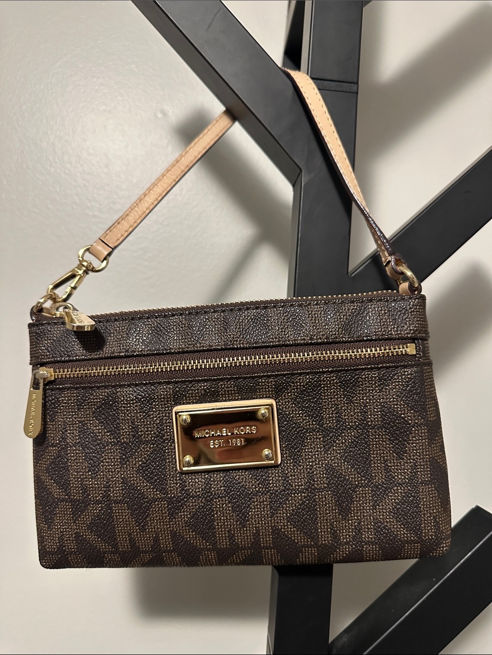 Michael Kors Brown MK Signature Wristlet with Gold Hardware